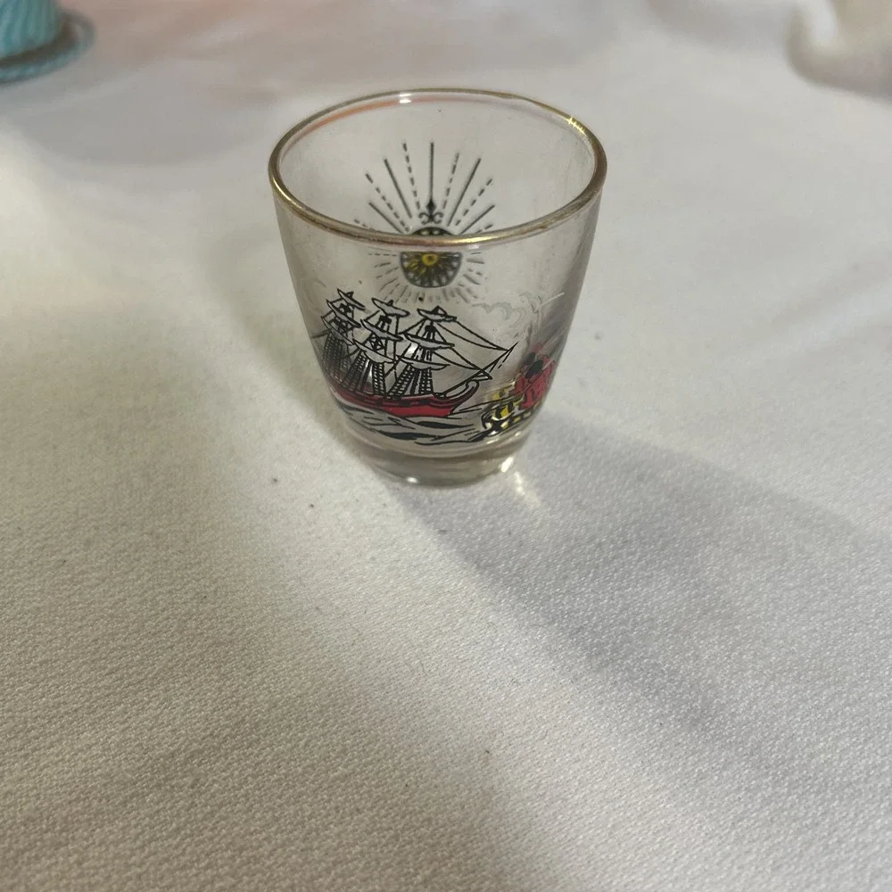 Vintage Libbey Gold Edge Shot Glass Sailing Ship Design